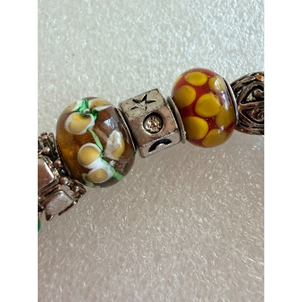 Artisan Murano Style Lampwork Glass & Silver Tone European Charm Toggle Bracelet